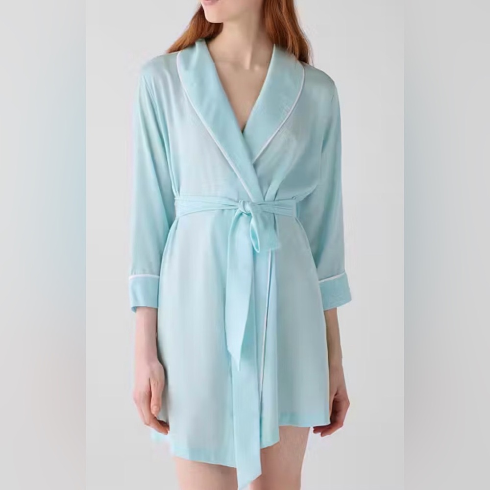 Kate Spade Bridal Happy Ever After Light Blue Satin Robe with Tie Belt L/XL NWT